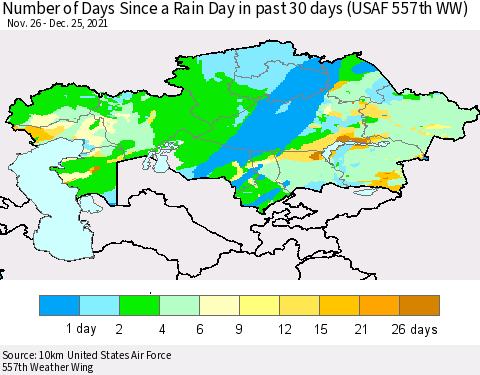 Kazakhstan Number of Days Since a Rain Day in past 30 days (USAF 557th WW) Thematic Map For 12/21/2021 - 12/25/2021