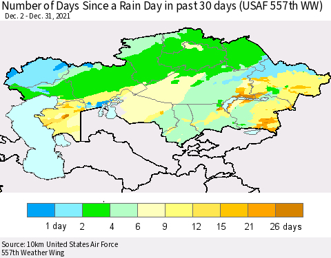 Kazakhstan Number of Days Since a Rain Day in past 30 days (USAF 557th WW) Thematic Map For 12/26/2021 - 12/31/2021