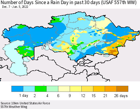 Kazakhstan Number of Days Since a Rain Day in past 30 days (USAF 557th WW) Thematic Map For 1/1/2022 - 1/5/2022