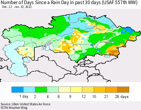Kazakhstan Number of Days Since a Rain Day in past 30 days (USAF 557th WW) Thematic Map For 1/6/2022 - 1/10/2022