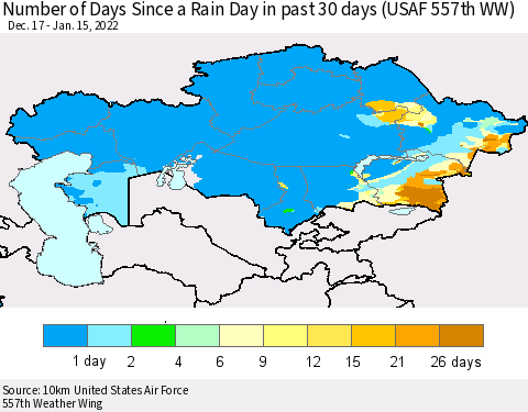 Kazakhstan Number of Days Since a Rain Day in past 30 days (USAF 557th WW) Thematic Map For 1/11/2022 - 1/15/2022