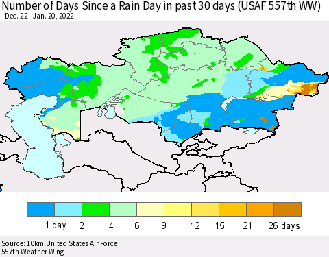 Kazakhstan Number of Days Since a Rain Day in past 30 days (USAF 557th WW) Thematic Map For 1/16/2022 - 1/20/2022
