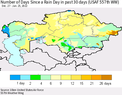 Kazakhstan Number of Days Since a Rain Day in past 30 days (USAF 557th WW) Thematic Map For 1/21/2022 - 1/25/2022