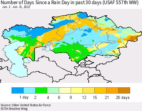 Kazakhstan Number of Days Since a Rain Day in past 30 days (USAF 557th WW) Thematic Map For 1/26/2022 - 1/31/2022