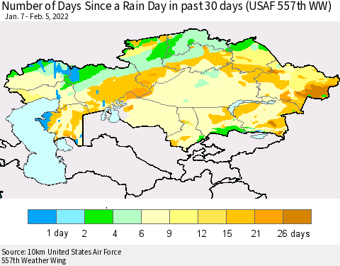 Kazakhstan Number of Days Since a Rain Day in past 30 days (USAF 557th WW) Thematic Map For 2/1/2022 - 2/5/2022