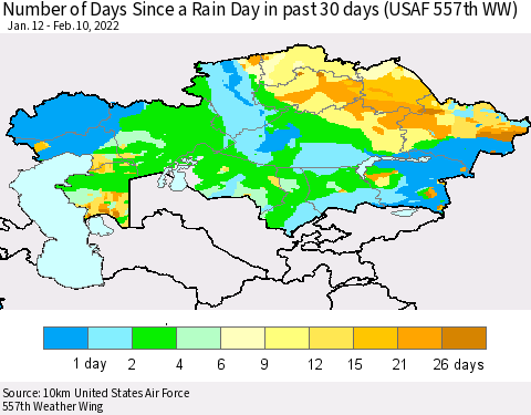 Kazakhstan Number of Days Since a Rain Day in past 30 days (USAF 557th WW) Thematic Map For 2/6/2022 - 2/10/2022
