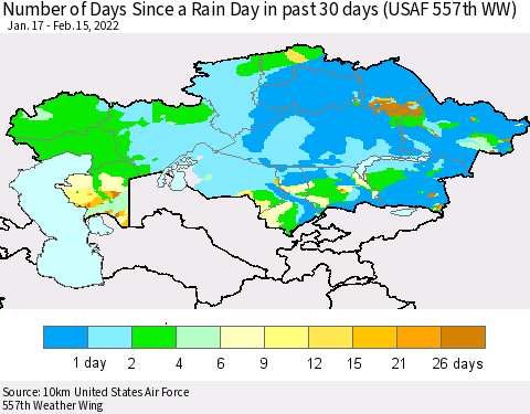 Kazakhstan Number of Days Since a Rain Day in past 30 days (USAF 557th WW) Thematic Map For 2/11/2022 - 2/15/2022