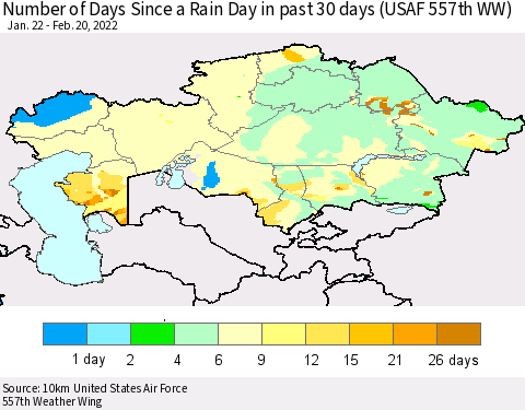 Kazakhstan Number of Days Since a Rain Day in past 30 days (USAF 557th WW) Thematic Map For 2/16/2022 - 2/20/2022