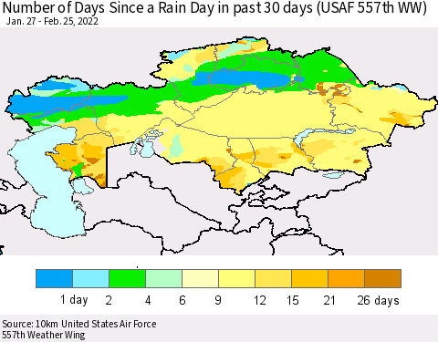 Kazakhstan Number of Days Since a Rain Day in past 30 days (USAF 557th WW) Thematic Map For 2/21/2022 - 2/25/2022