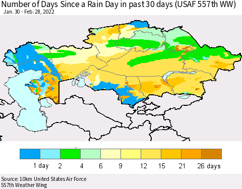 Kazakhstan Number of Days Since a Rain Day in past 30 days (USAF 557th WW) Thematic Map For 2/26/2022 - 2/28/2022
