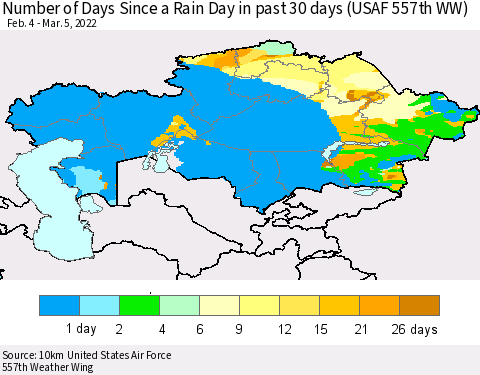 Kazakhstan Number of Days Since a Rain Day in past 30 days (USAF 557th WW) Thematic Map For 3/1/2022 - 3/5/2022