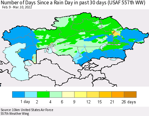 Kazakhstan Number of Days Since a Rain Day in past 30 days (USAF 557th WW) Thematic Map For 3/6/2022 - 3/10/2022