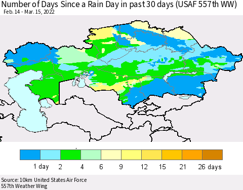 Kazakhstan Number of Days Since a Rain Day in past 30 days (USAF 557th WW) Thematic Map For 3/11/2022 - 3/15/2022