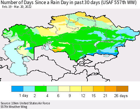 Kazakhstan Number of Days Since a Rain Day in past 30 days (USAF 557th WW) Thematic Map For 3/16/2022 - 3/20/2022