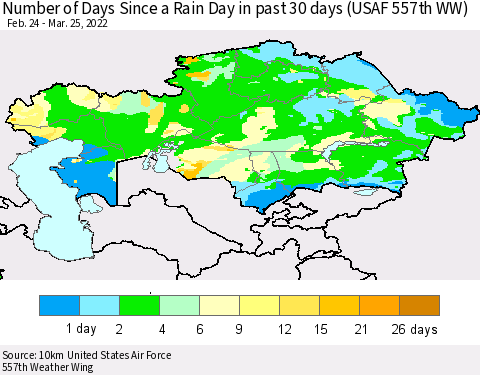 Kazakhstan Number of Days Since a Rain Day in past 30 days (USAF 557th WW) Thematic Map For 3/21/2022 - 3/25/2022