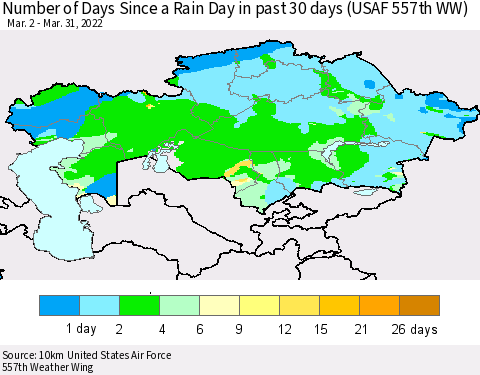 Kazakhstan Number of Days Since a Rain Day in past 30 days (USAF 557th WW) Thematic Map For 3/26/2022 - 3/31/2022