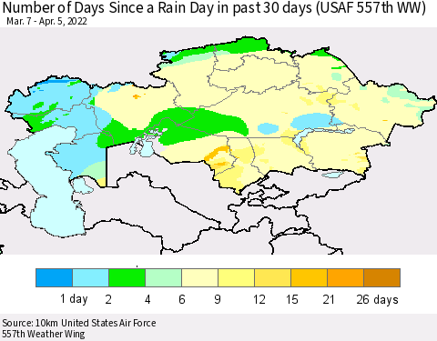 Kazakhstan Number of Days Since a Rain Day in past 30 days (USAF 557th WW) Thematic Map For 4/1/2022 - 4/5/2022