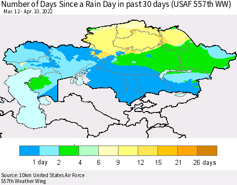 Kazakhstan Number of Days Since a Rain Day in past 30 days (USAF 557th WW) Thematic Map For 4/6/2022 - 4/10/2022