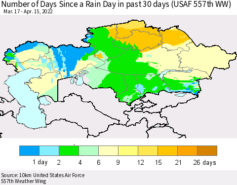 Kazakhstan Number of Days Since a Rain Day in past 30 days (USAF 557th WW) Thematic Map For 4/11/2022 - 4/15/2022