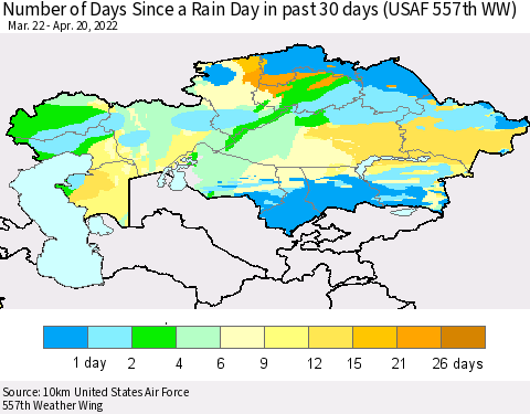 Kazakhstan Number of Days Since a Rain Day in past 30 days (USAF 557th WW) Thematic Map For 4/16/2022 - 4/20/2022