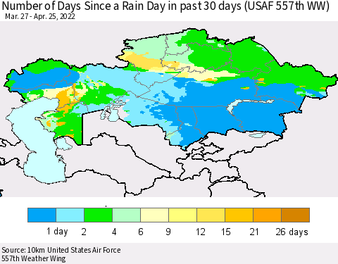 Kazakhstan Number of Days Since a Rain Day in past 30 days (USAF 557th WW) Thematic Map For 4/21/2022 - 4/25/2022