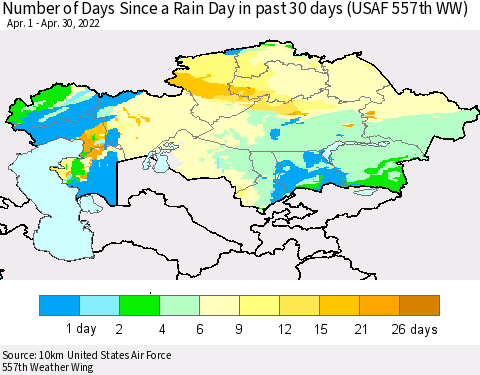 Kazakhstan Number of Days Since a Rain Day in past 30 days (USAF 557th WW) Thematic Map For 4/26/2022 - 4/30/2022