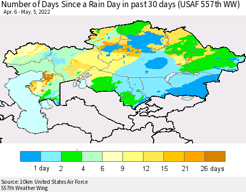 Kazakhstan Number of Days Since a Rain Day in past 30 days (USAF 557th WW) Thematic Map For 5/1/2022 - 5/5/2022