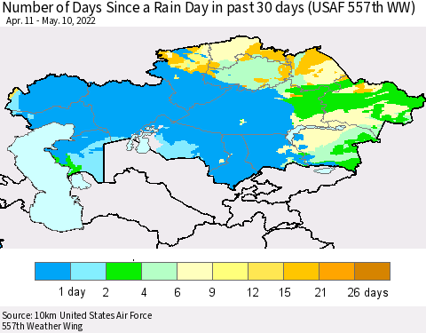 Kazakhstan Number of Days Since a Rain Day in past 30 days (USAF 557th WW) Thematic Map For 5/6/2022 - 5/10/2022