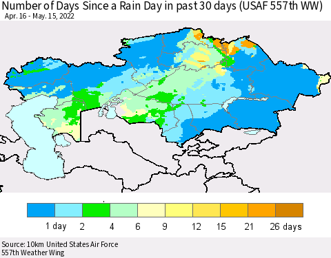 Kazakhstan Number of Days Since a Rain Day in past 30 days (USAF 557th WW) Thematic Map For 5/11/2022 - 5/15/2022