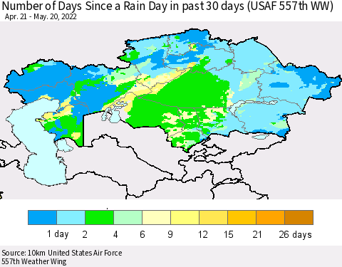 Kazakhstan Number of Days Since a Rain Day in past 30 days (USAF 557th WW) Thematic Map For 5/16/2022 - 5/20/2022
