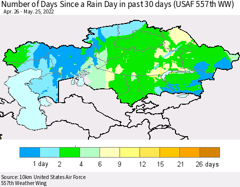Kazakhstan Number of Days Since a Rain Day in past 30 days (USAF 557th WW) Thematic Map For 5/21/2022 - 5/25/2022