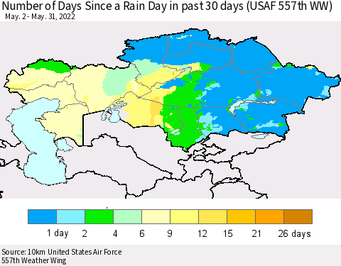Kazakhstan Number of Days Since a Rain Day in past 30 days (USAF 557th WW) Thematic Map For 5/26/2022 - 5/31/2022