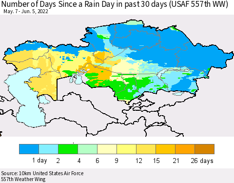 Kazakhstan Number of Days Since a Rain Day in past 30 days (USAF 557th WW) Thematic Map For 6/1/2022 - 6/5/2022