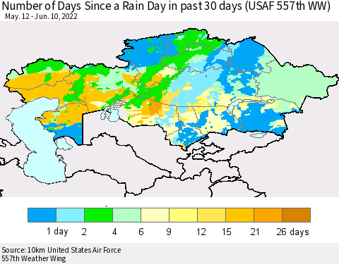 Kazakhstan Number of Days Since a Rain Day in past 30 days (USAF 557th WW) Thematic Map For 6/6/2022 - 6/10/2022