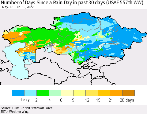 Kazakhstan Number of Days Since a Rain Day in past 30 days (USAF 557th WW) Thematic Map For 6/11/2022 - 6/15/2022