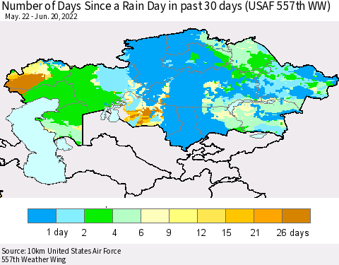 Kazakhstan Number of Days Since a Rain Day in past 30 days (USAF 557th WW) Thematic Map For 6/16/2022 - 6/20/2022