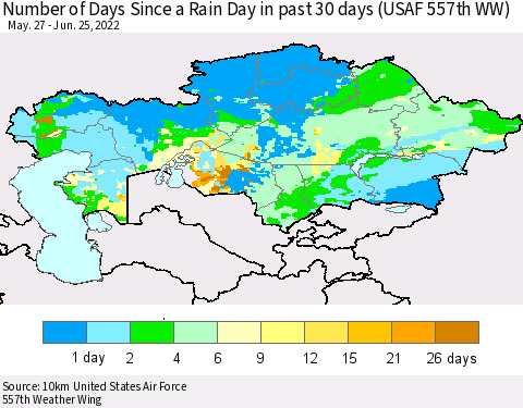 Kazakhstan Number of Days Since a Rain Day in past 30 days (USAF 557th WW) Thematic Map For 6/21/2022 - 6/25/2022