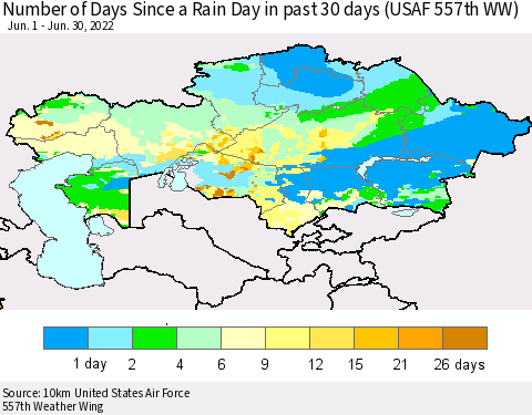 Kazakhstan Number of Days Since a Rain Day in past 30 days (USAF 557th WW) Thematic Map For 6/26/2022 - 6/30/2022