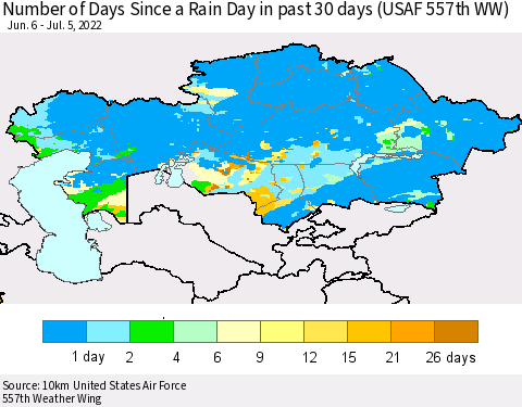 Kazakhstan Number of Days Since a Rain Day in past 30 days (USAF 557th WW) Thematic Map For 7/1/2022 - 7/5/2022