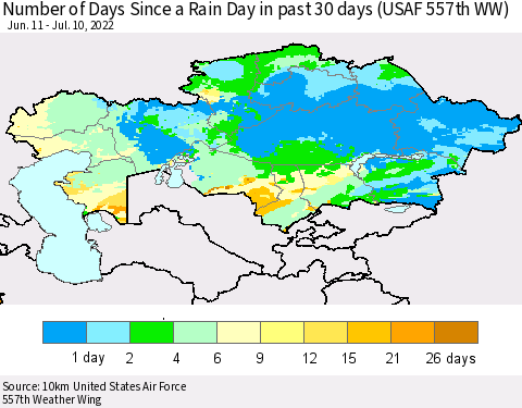 Kazakhstan Number of Days Since a Rain Day in past 30 days (USAF 557th WW) Thematic Map For 7/6/2022 - 7/10/2022