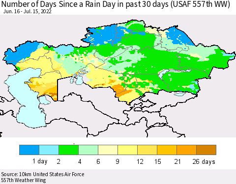 Kazakhstan Number of Days Since a Rain Day in past 30 days (USAF 557th WW) Thematic Map For 7/11/2022 - 7/15/2022