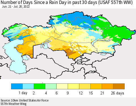 Kazakhstan Number of Days Since a Rain Day in past 30 days (USAF 557th WW) Thematic Map For 7/16/2022 - 7/20/2022
