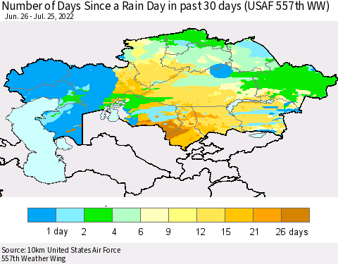 Kazakhstan Number of Days Since a Rain Day in past 30 days (USAF 557th WW) Thematic Map For 7/21/2022 - 7/25/2022