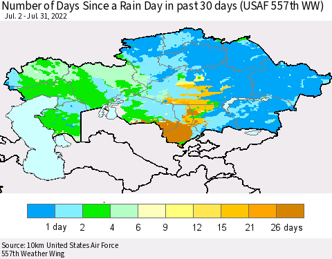 Kazakhstan Number of Days Since a Rain Day in past 30 days (USAF 557th WW) Thematic Map For 7/26/2022 - 7/31/2022