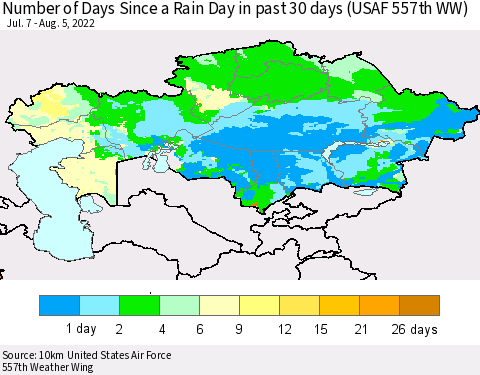 Kazakhstan Number of Days Since a Rain Day in past 30 days (USAF 557th WW) Thematic Map For 8/1/2022 - 8/5/2022