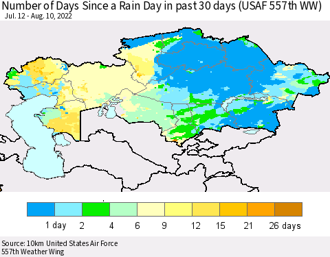 Kazakhstan Number of Days Since a Rain Day in past 30 days (USAF 557th WW) Thematic Map For 8/6/2022 - 8/10/2022