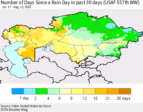 Kazakhstan Number of Days Since a Rain Day in past 30 days (USAF 557th WW) Thematic Map For 8/11/2022 - 8/15/2022