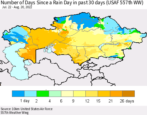 Kazakhstan Number of Days Since a Rain Day in past 30 days (USAF 557th WW) Thematic Map For 8/16/2022 - 8/20/2022