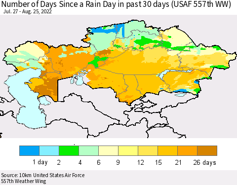 Kazakhstan Number of Days Since a Rain Day in past 30 days (USAF 557th WW) Thematic Map For 8/21/2022 - 8/25/2022