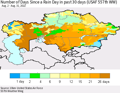 Kazakhstan Number of Days Since a Rain Day in past 30 days (USAF 557th WW) Thematic Map For 8/26/2022 - 8/31/2022